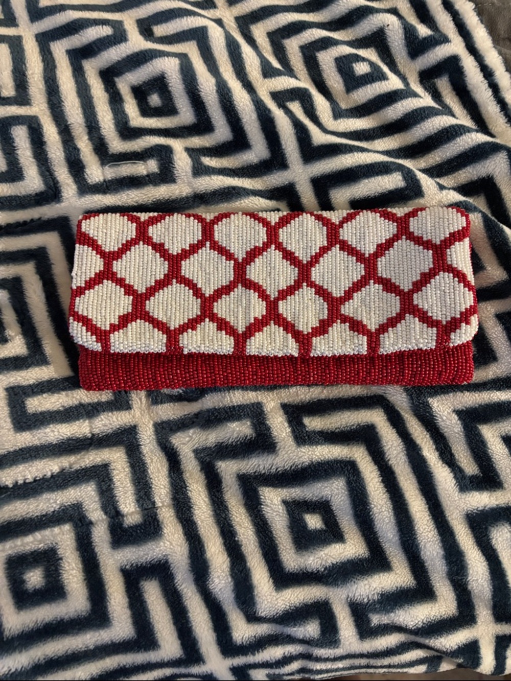 Moyna Red and White Beaded Foldover Clutch